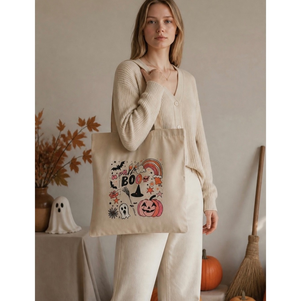 NEW Pink Halloween Boo Canvas Tote Bag‎ Spooky Core Beige Pumpkin Ghost
